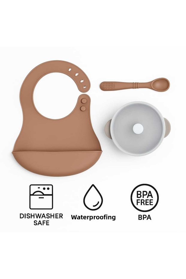 Silicone Baby Food Set 3-Piece Beige Set-(Vacuum-Sealed Leak-Proof Food Bowl, Feeding Spoon, Bib)