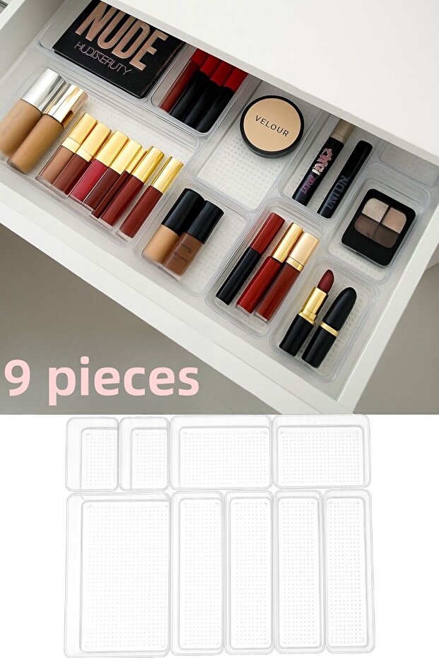 Leo 9-Piece Set Transparent Drawer Organizer - Cosmetic Jewelry Makeup Organizer Can Be Stacked
