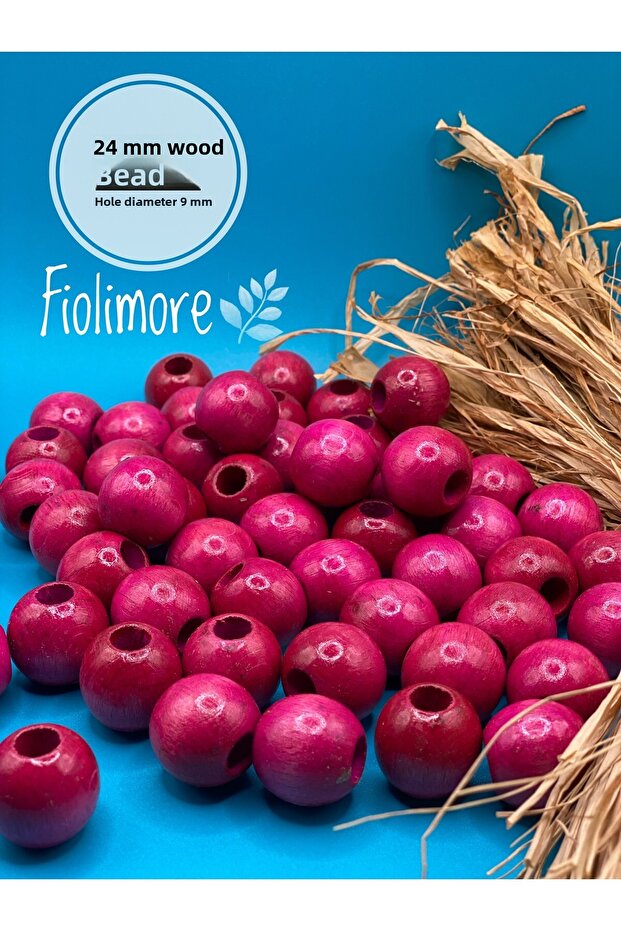 24 mm Fuchsia Pink Wooden Beads (13 Pieces) Round Macrame Bag Design Wooden Beads Hole Diameter 9 mm