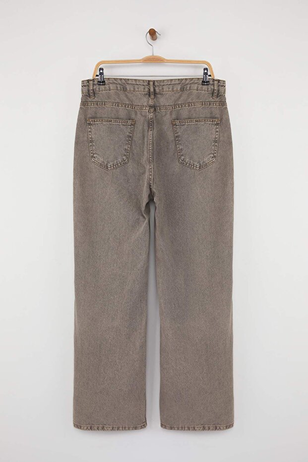 Gri Yüksek Bel Geniş Paça Denim Büyük Beden Jeans TBBSS24CJ00028 - 8