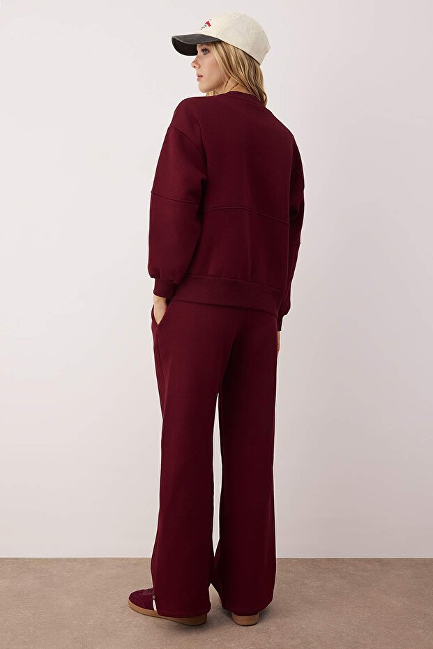 Bordo Oversize/Geniş Kalıp Fermuarlı Kalın İçi Polarlı Örme Eşofman Takımı TWOAW25EM00001 - 4