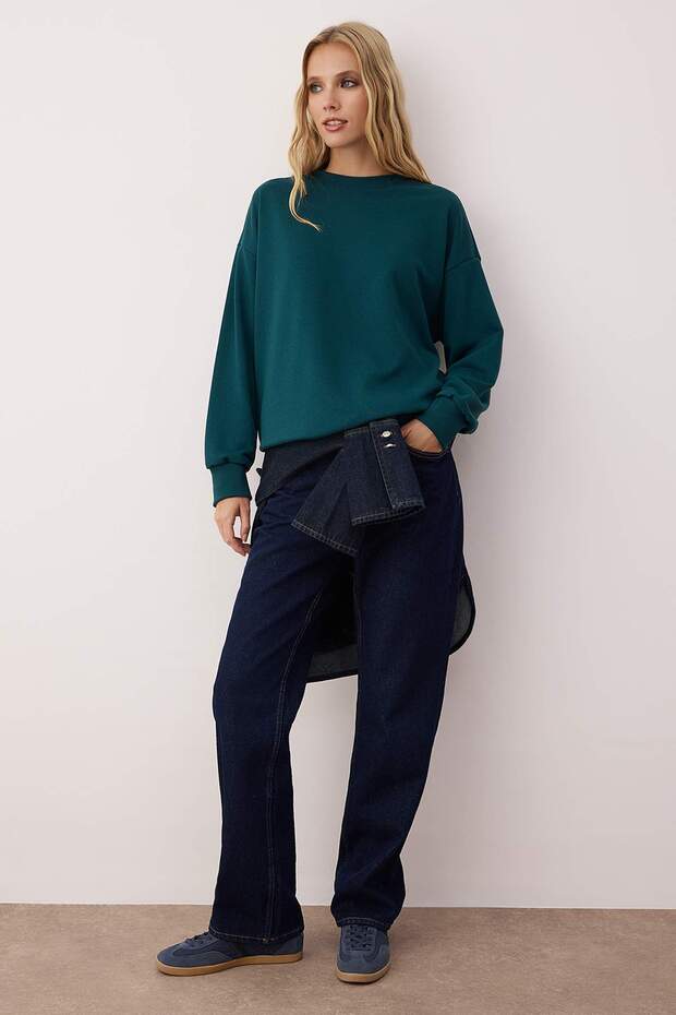Zümrüt Yeşili Oversize/Bol Kesim Bisiklet Yaka Kalın Şardonsuz Örme Sweatshirt TWOAW26SW00029 - 3