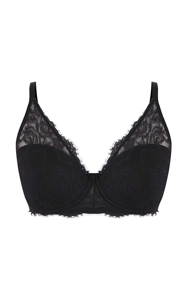 Siyah Dantelli Sabit Sünger Kaplı T-Shirt Bra Büyük Beden Sütyen TBBAW26CW00000 - 2