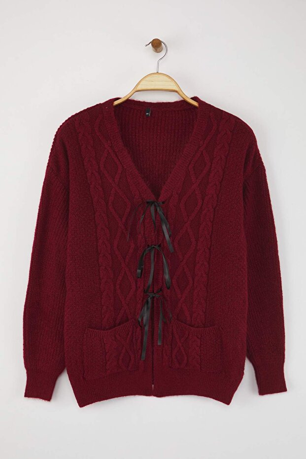 Bordo Kurdele/Fiyonk Detaylı Triko Hırka TBBAW26AV00013 - 5
