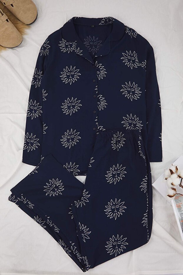 Güneş Desenli Viskon Dokuma Büyük Beden Pijama Takımı TBBAW26AI00013 - 4