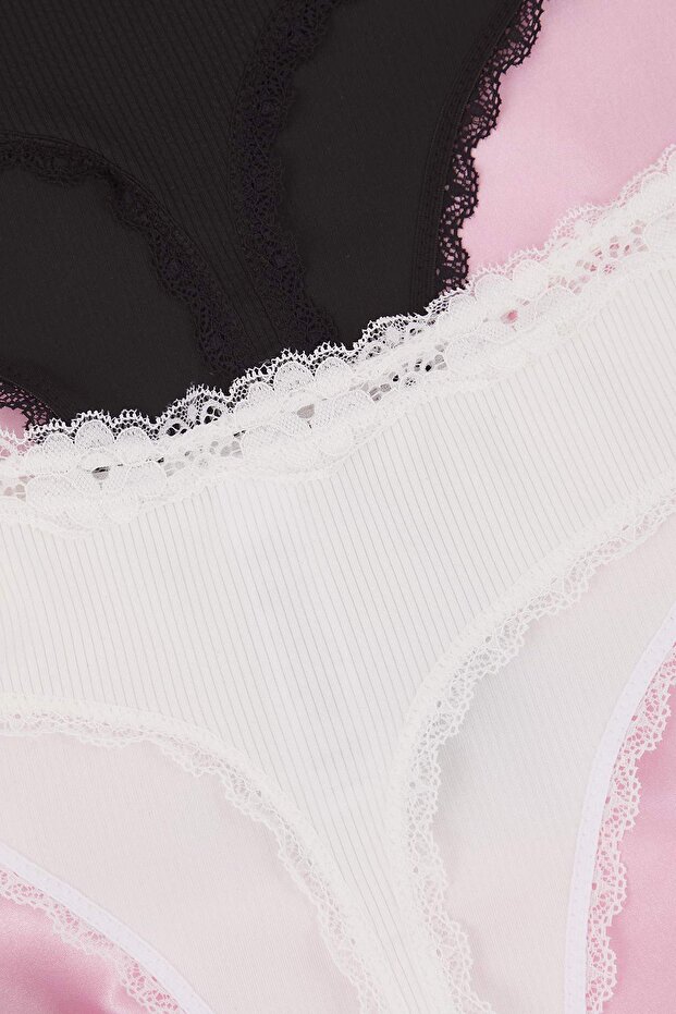 Siyah-Beyaz 2'li Paket Örme Esnek Tanga Büyük Beden Külot TBBAW26CM00001 - 5