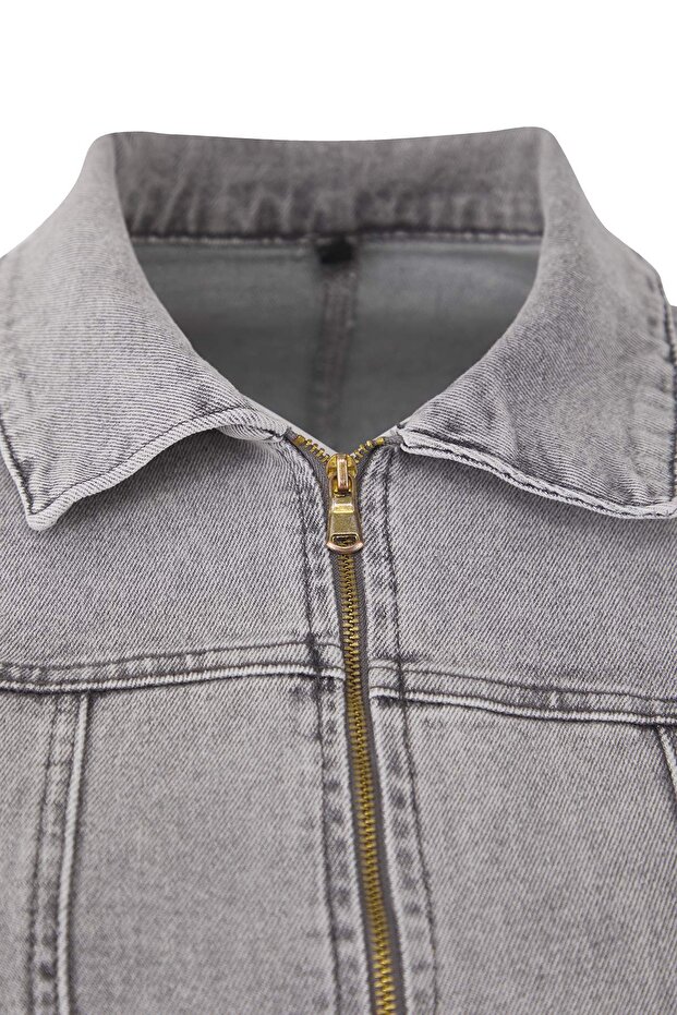 Šedé přední zipové středně elastické džínové šaty velké velikosti TBBSS24AH00206 - 6