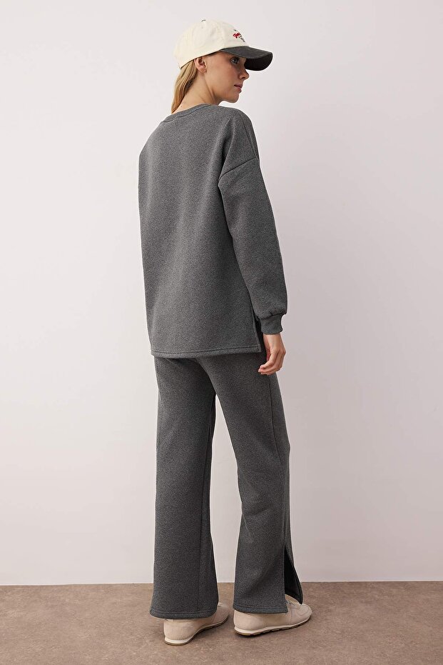 Antrasit Bisiklet Yaka Oversize/Geniş Kesim Üst Wide Leg Alt Örme Alt - Üst Takım TWOAW26AU00080 - 4