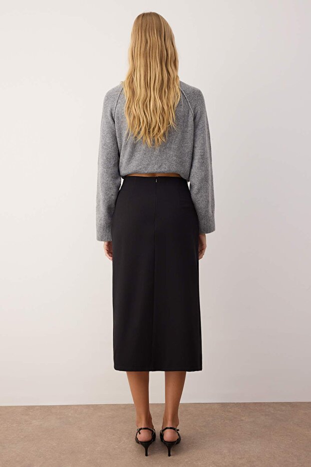 Fekete kiegészítő részletes duplasoros hasított midi szőtt szoknya TWOAW26ET00080 - 4