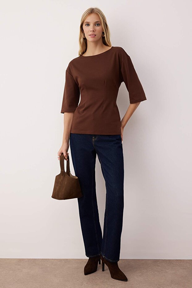 Kahverengi Interlok Peplum/Belden Oturmalı Esnek Örme Bluz TWOAW26BZ00187 - 2