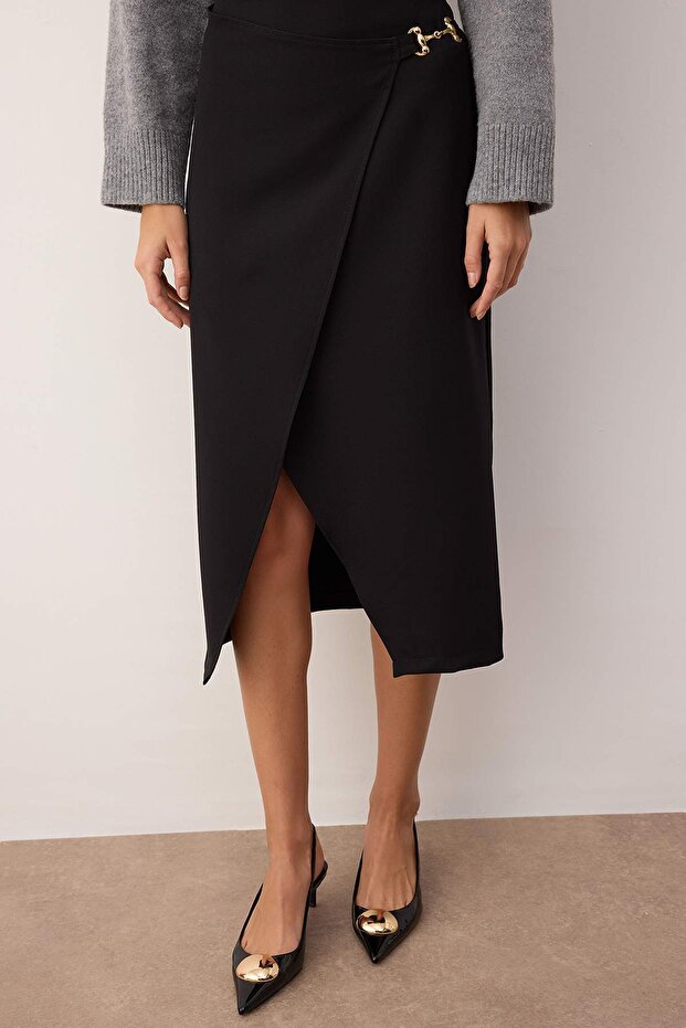 Fekete kiegészítő részletes duplasoros hasított midi szőtt szoknya TWOAW26ET00080 - 3
