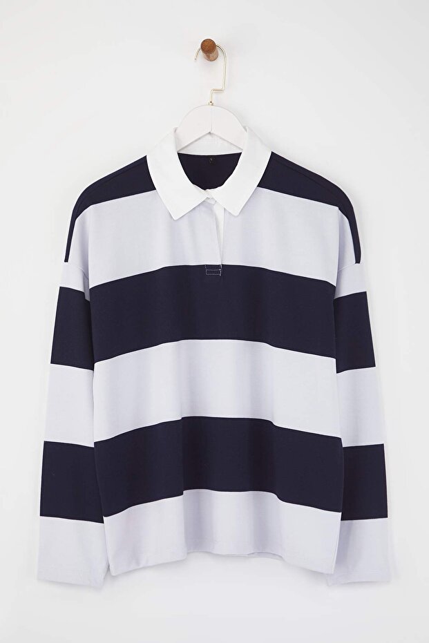 Lacivert Çizgili Polo Yaka Oversize/Geniş Kalıp Örme Sweatshirt TWOAW26SW00051 - 5