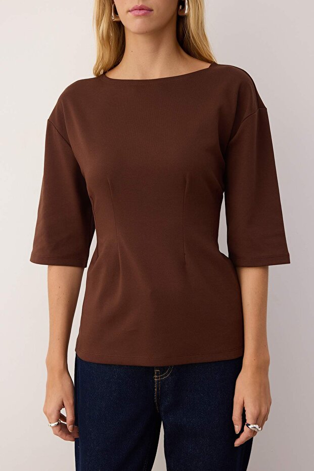 Kahverengi Interlok Peplum/Belden Oturmalı Esnek Örme Bluz TWOAW26BZ00187 - 3