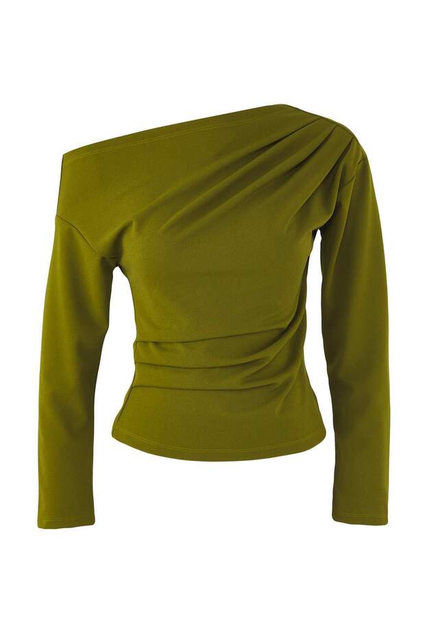 Yağ Yeşili Büzgü/Drape Detaylı Dökümlü Asimetrik Yaka Örme Bluz TWOAW26BZ00138 - 3