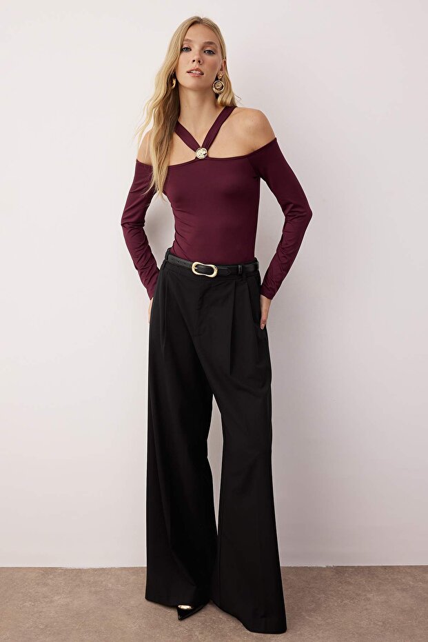 Mürdüm Aksesuar Detaylı Çıtçıtlı Esnek Örme Body TWOAW26BD00003 - 2
