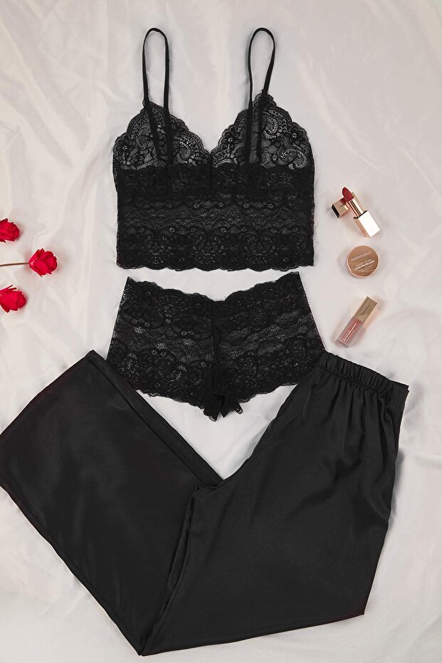 Siyah 3'lü Çeyiz Set Üst Dantel, Alt Saten Askılı Külotlu Dokuma Pijama Takımı THMAW26PT00077 - 2