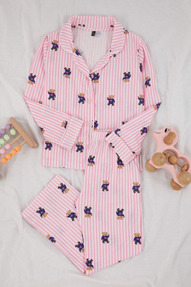 Pembe Yumuşak Dokulu Kız Çocuk Desenli Gömlek Yaka Regular Örme Pijama Takımı TKDAW26PT00006 - 2