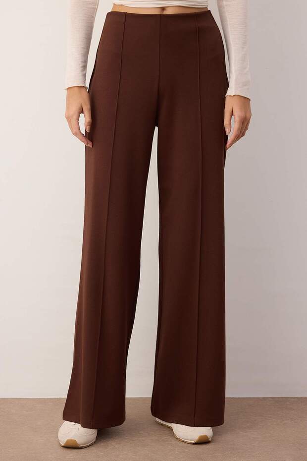 Kahverengi İnterlok Wide/Leg Geniş Kesim Esnek Örme Nervürlü Pantolon TWOAW26PL00075 - 3