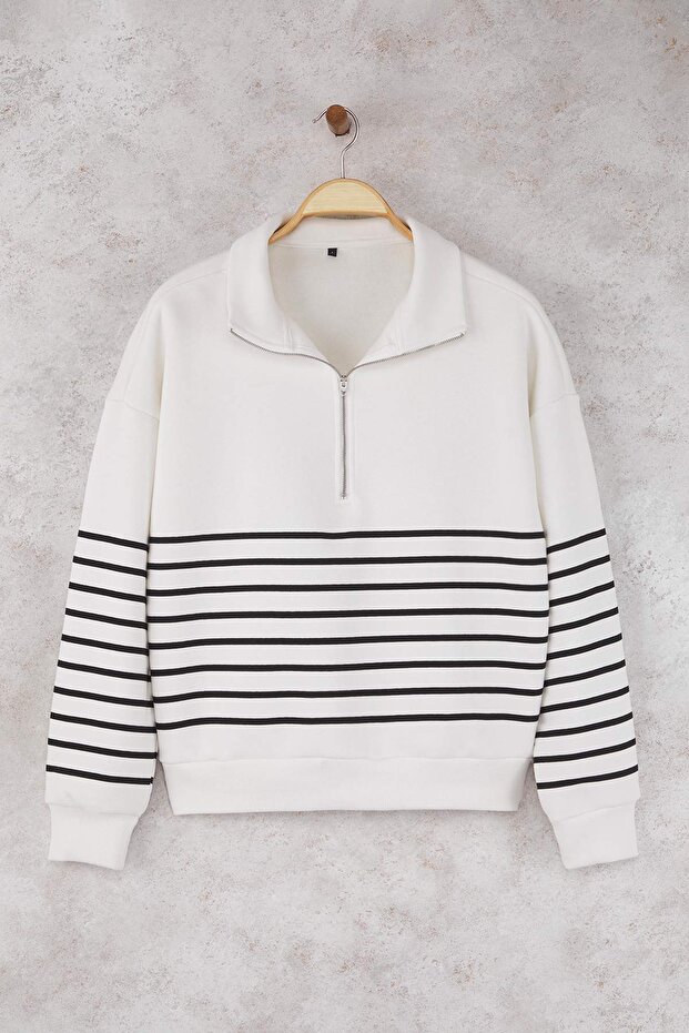 Ekru Çizgili Oversize/Geniş Kalıp Fermuarlı Kalın İçi Polarlı Örme Sweatshirt TWOAW26SW00044 - 5