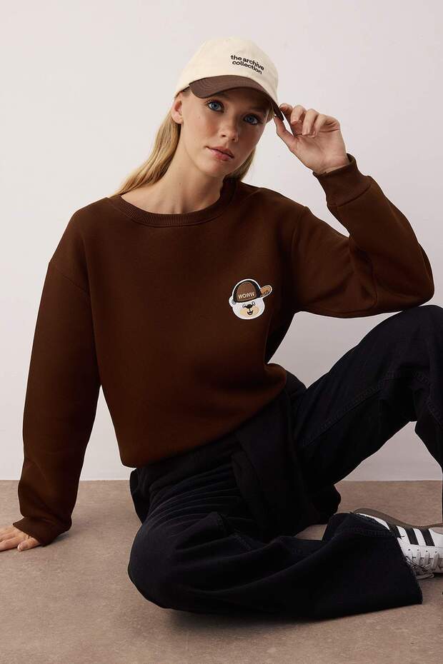 Brown Thick Fleece Crew Neck Bear Embroidered Regular Fit Knitted Sweatshirt Twoaw26Sw00091