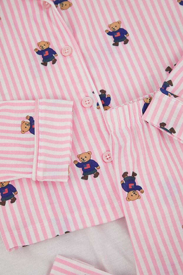 Pembe Yumuşak Dokulu Kız Çocuk Desenli Gömlek Yaka Regular Örme Pijama Takımı TKDAW26PT00006 - 3