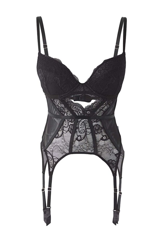 Siyah Dantel Jartiyerli Kaplı Örme Body THMAW26BD00001 - 5