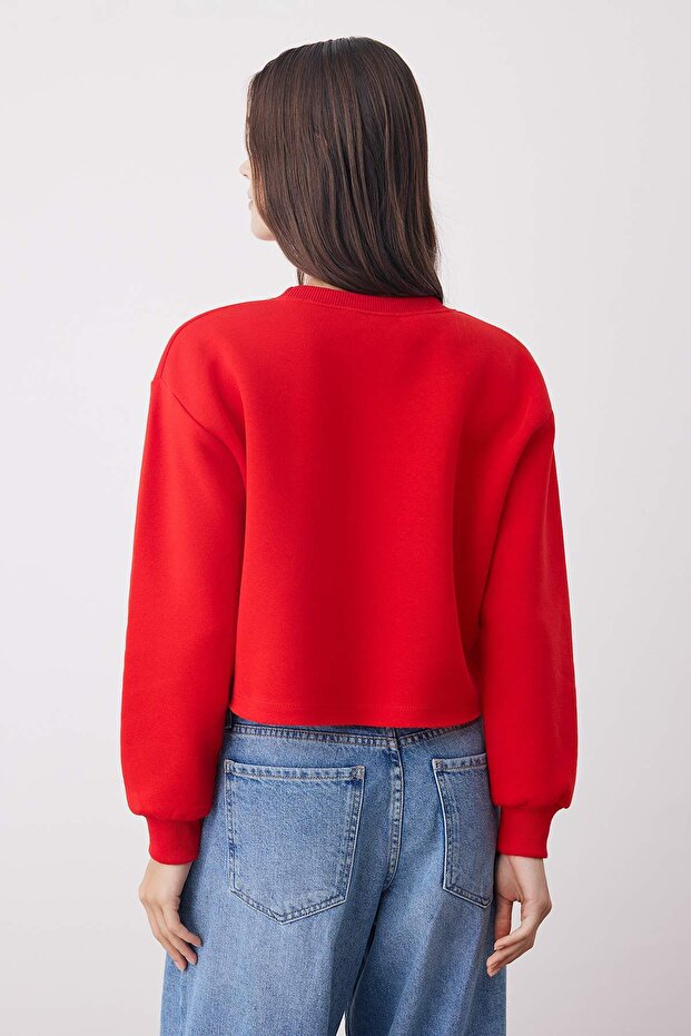 Kırmızı Kalın İçi Polarlı Bisiklet Yaka Crop Örme Sweatshirt TWOAW26SW00093 - 4
