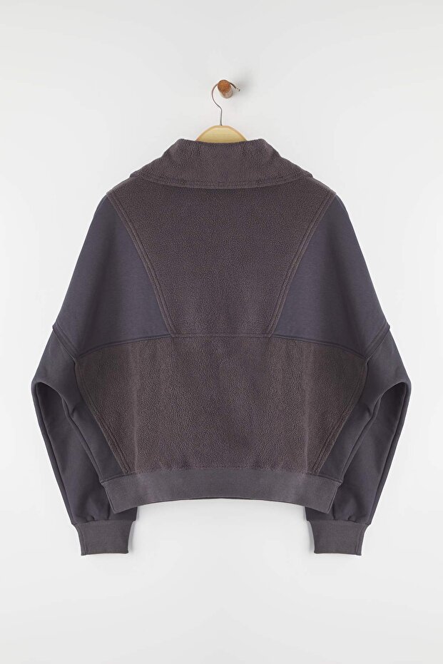 Antrasit Regular/Normal Kalıp Polar Fermuarlı Cep Detaylı Kalın Örme Sweatshirt TWOAW26SW00009 - 6