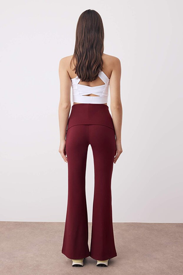 Bordo Fırçalı Soft Kumaş Bel Katlama Detaylı Flare/İspanyol Paça Yoga Örme Spor Tayt THMAW26TY00001 - 5