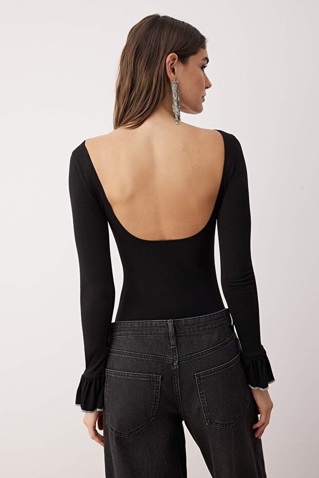 Siyah Kayık Yaka Örme Body TPRAW26BD00025 - 5