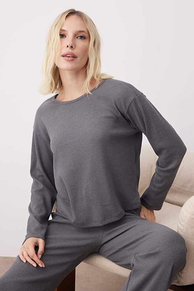 Gri Melanj Fitilli Örme Pijama Takımı THMAW21PT0684 - 3