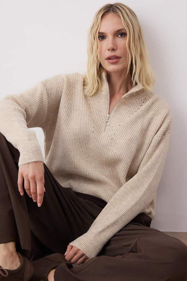 Weich strukturierter Paar-Strickpullover mit Reißverschluss in Steinoptik – TWOAW20XS0009 - 2