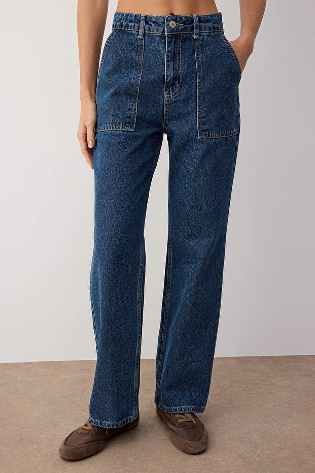 Lacivert Cep Detaylı Yüksek Bel Wide Leg Jeans TWOAW22JE0595 - 3