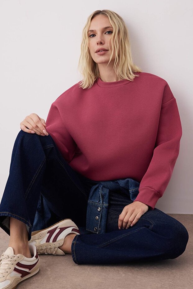 Gül Kurusu Oversize/Rahat Kesim Bisiklet Yaka Kalın/İçi polarlı Örme Sweatshirt TWOAW24SW00102 - 1