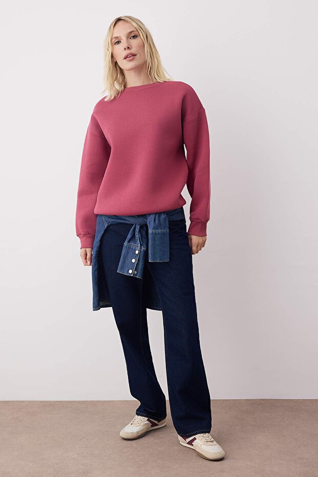 Gül Kurusu Oversize/Rahat Kesim Bisiklet Yaka Kalın/İçi polarlı Örme Sweatshirt TWOAW24SW00102 - 2