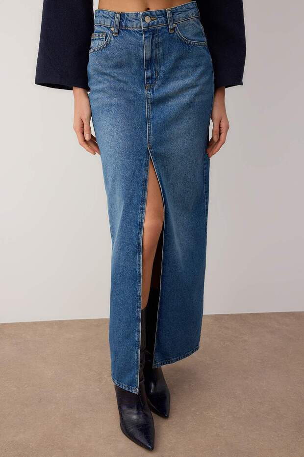 More Sustainable Mavi Yırtmaçlı Maxi Denim Etek TWOAW24ET00058 - 4