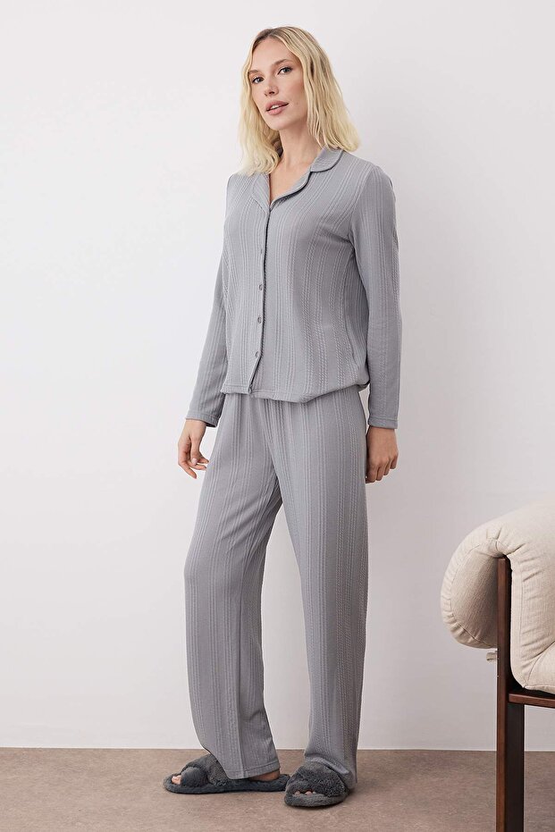 Füme Dokulu Fitilli Yumuşak Tuşe Örme Pijama Takımı THMAW26PT00093 - 3