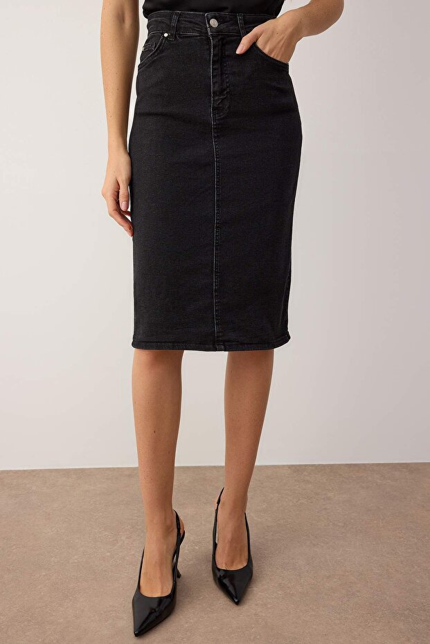 Siyah Yüksek Bel Midi Kalem Comfort/Esnek Denim Etek TWOSS21ET0297 - 3