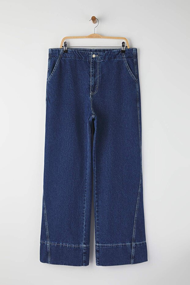 Mavi Yüksek Bel Dikiş Detaylı Geniş Paça Büyük Beden Wide Leg Jeans TBBAW26CJ00017 - 5