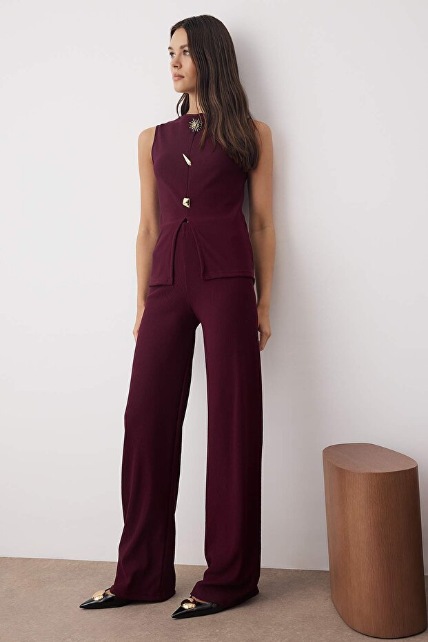 طقم ملابس عثماني من ماركة Mürdüm Sıfır بأكمام طويلة وتفاصيل أزرار وقماش مرن محبوك - طقم علوي وسفلي TWOAW26AU00083 - 2