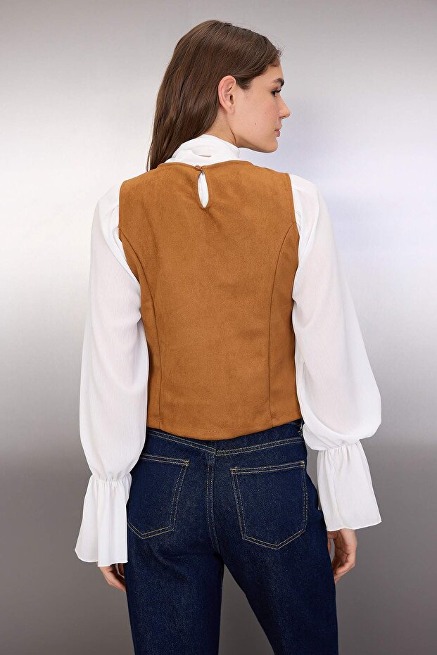 Kahverengi Regular/Normal Kalıp Süet Örme Bluz TWOAW26BZ00185 - 4