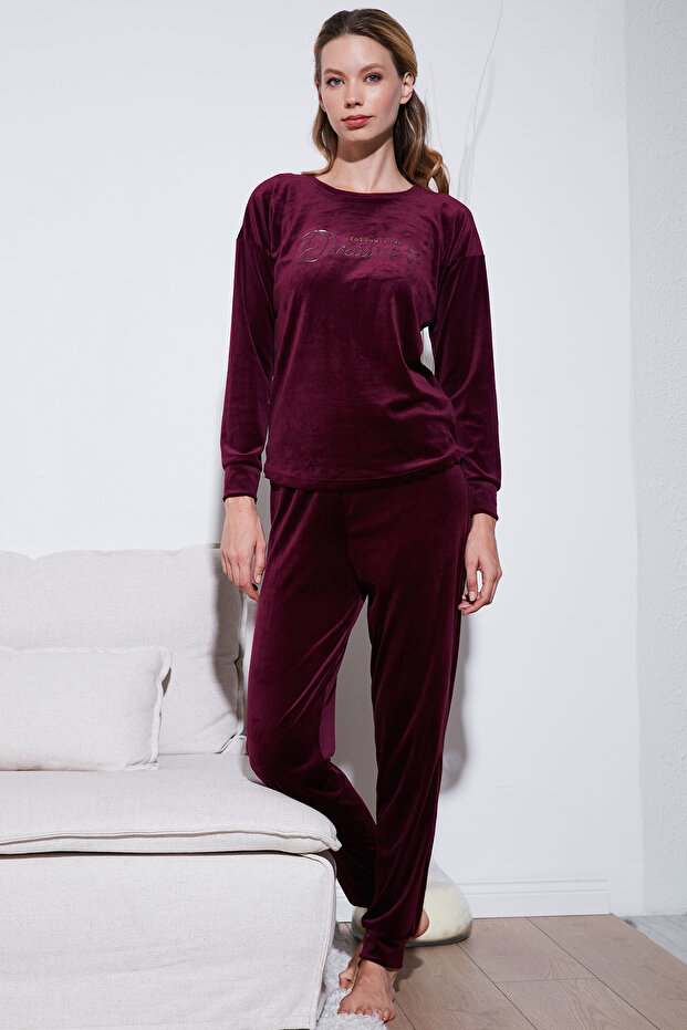 Standard Fit Crew Neck Soft Velvet Pajama Set Pajama Set 6094202