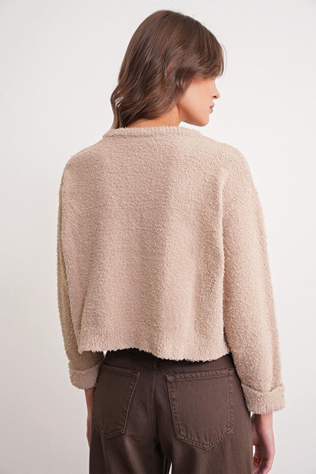 6917 Kadın Buklet Basic Triko Kazak Bej - 5