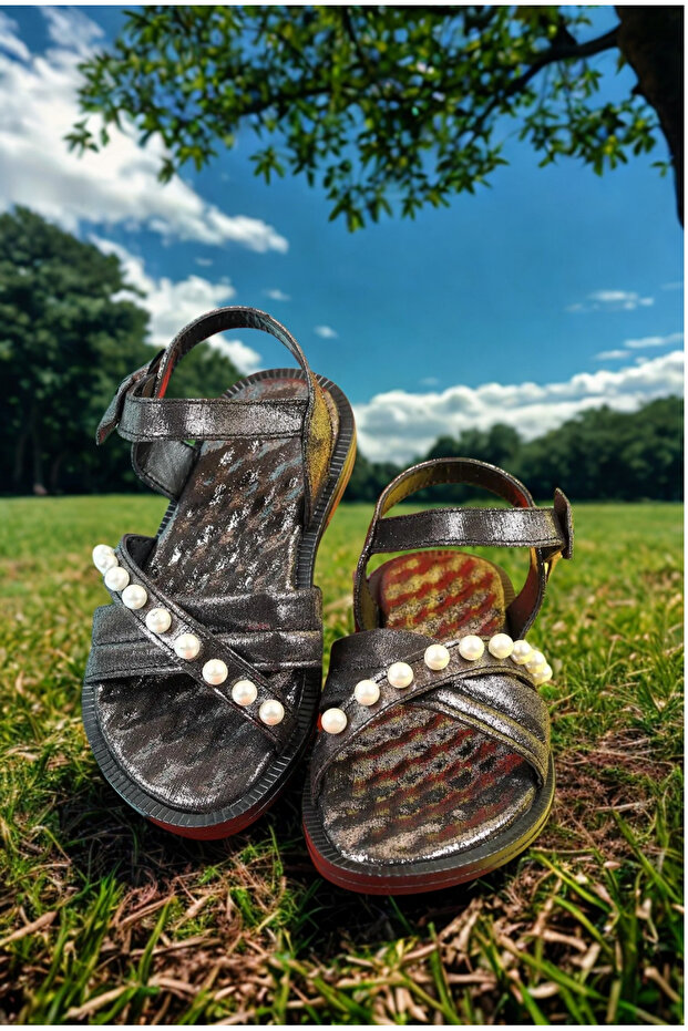 Girls' Sandals Bead and Ribbon Detailed Velcro Flexible Sole Slippers
