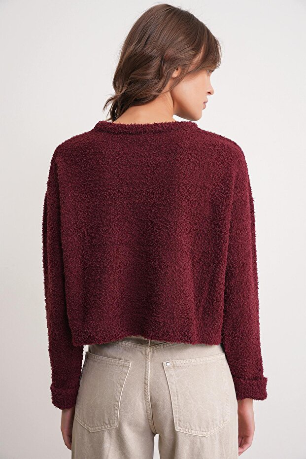 6917 Kadın Buklet Basic Triko Kazak Bordo - 6