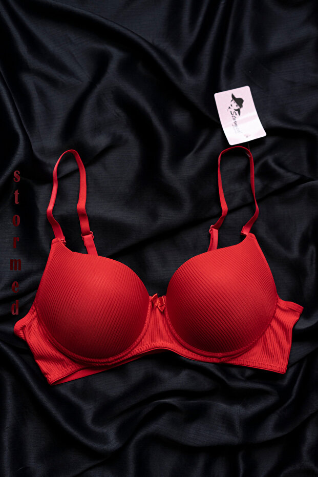 Supported Basic Patterned Push-Up Bra Red 260 - 4