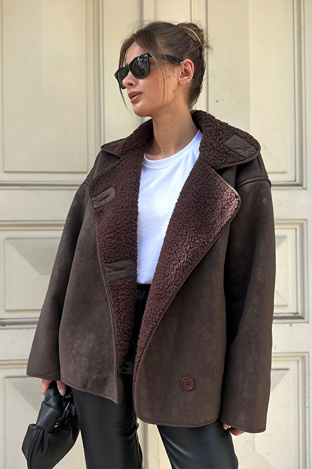 Else Acı Kahve Dokulu Süet Içi Peluşlu Oversize Zr Model Mont - 4