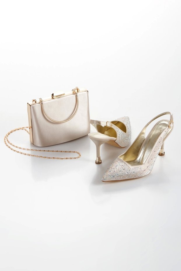 Women's Stone Printed Style Heeled Evening Dress Shoes and Bag Set Gold