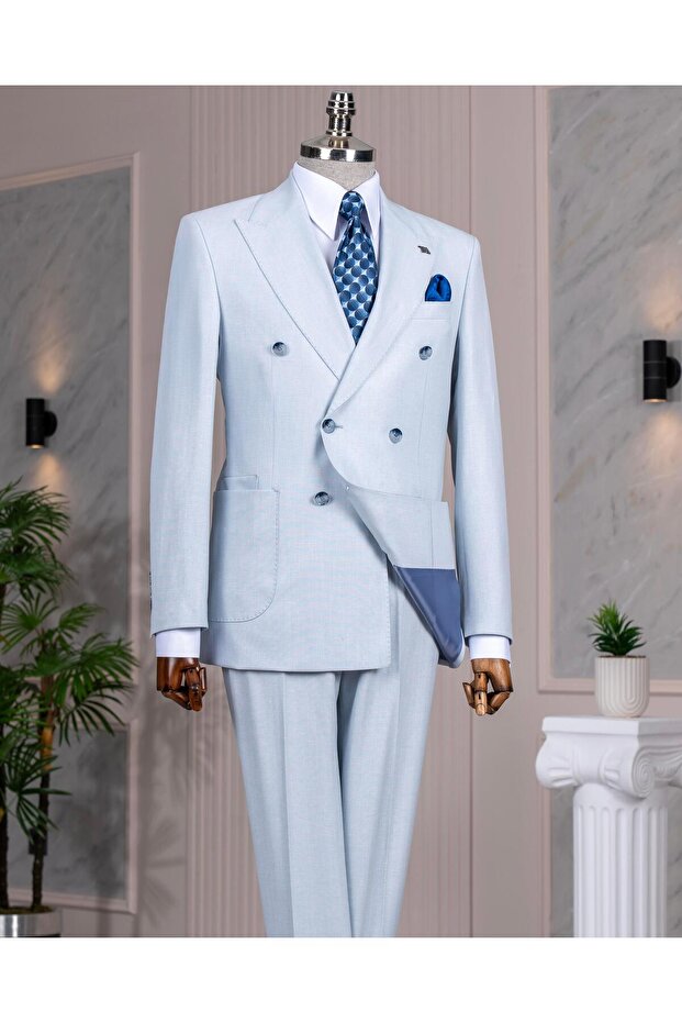 Italian Style Double-Breasted Jacket Pants Suit Blue T14094