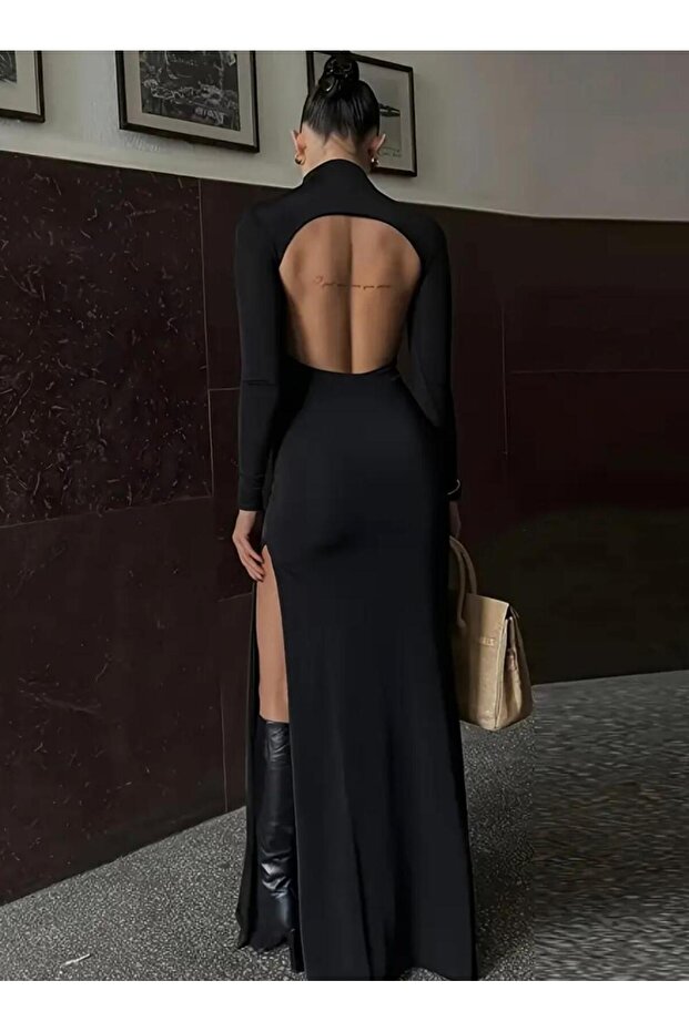 Fekete hátul kivágott, magas nyakú, hasított lycra hosszú ujjú ruha - 2